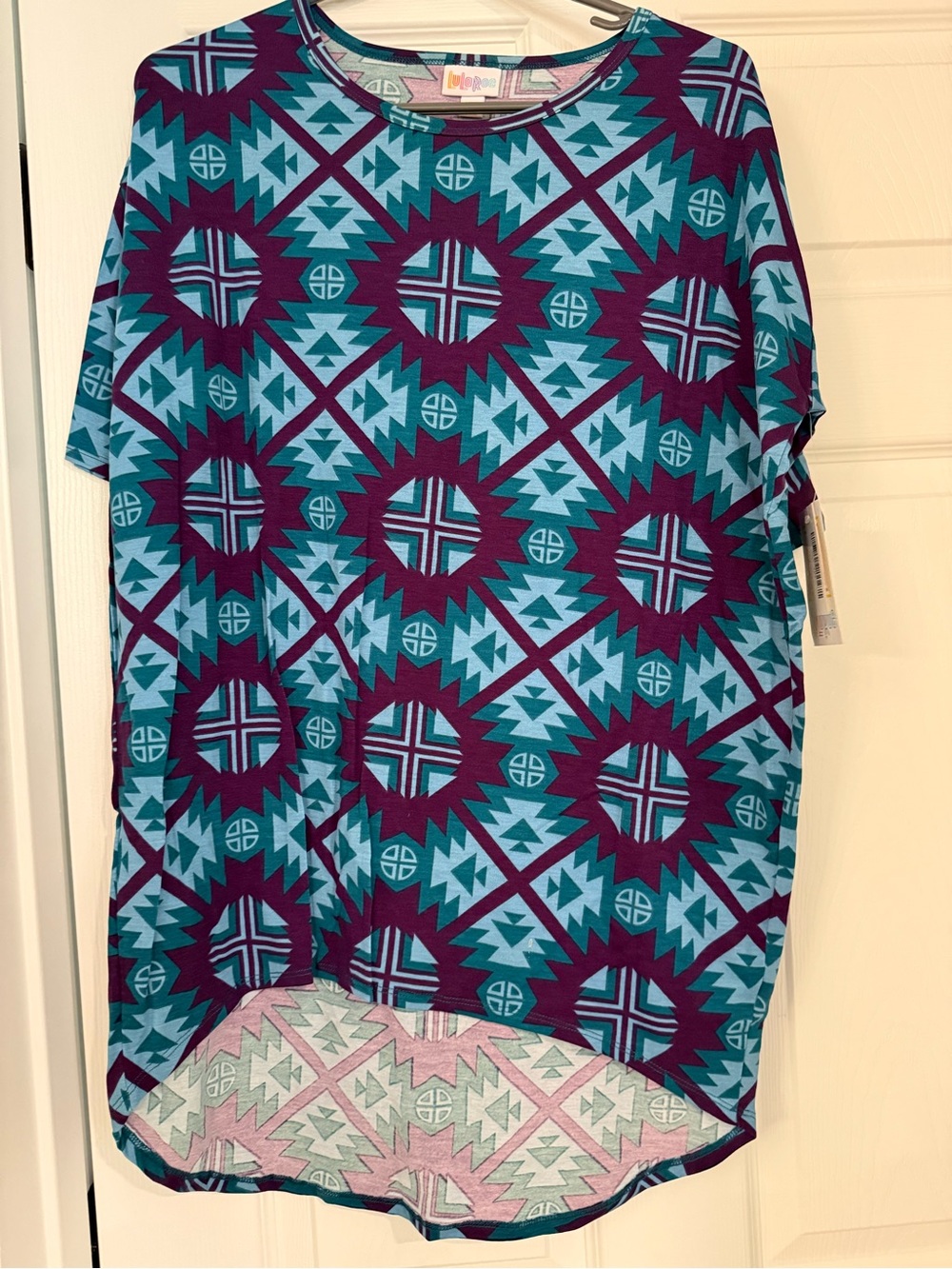 Lularoe Irma Aztec-Print Short Sleeve Shirt in Teal & Purple